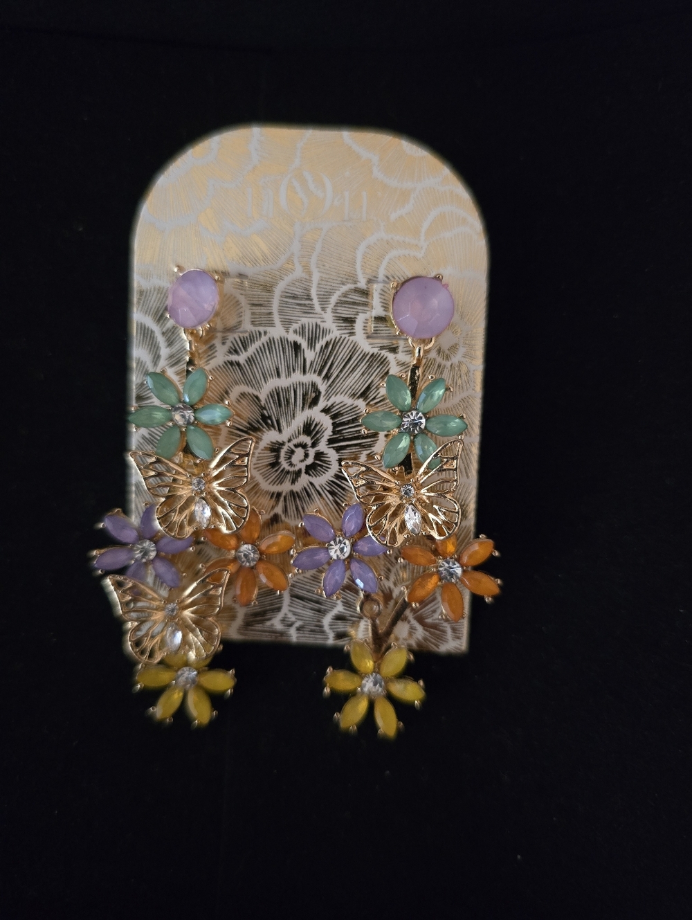 Noir Multi-Color Floral & Butterfly Drop Earrings - Gold Tone